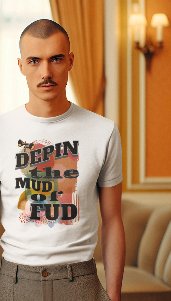 DEPIN THE MUD OF FUD  Twin image Unisex Organic Cotton T Shirt. Image on back. CRYPTO WEAR