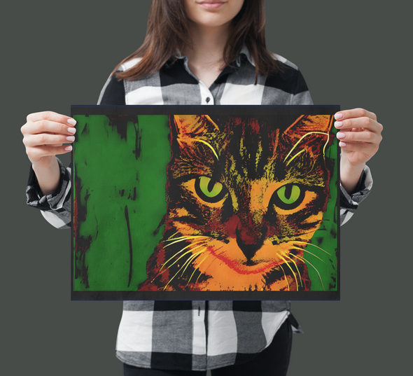 ART CAT printable download . Bright intense image of cat staring out at the viewer. Slightly dayglo colours. New to Gaymunkyartjunky, I will be uploading a range of digital printables  .
